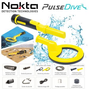 Pack Nokta Pulse Dive avec sonde de précision, sonde de profondeur, câbles et protections inclus.