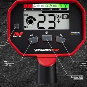 Écran de contrôle du détecteur de métaux Minelab Vanquish 340 avec réglage de volume, sensibilité et modes de recherche.