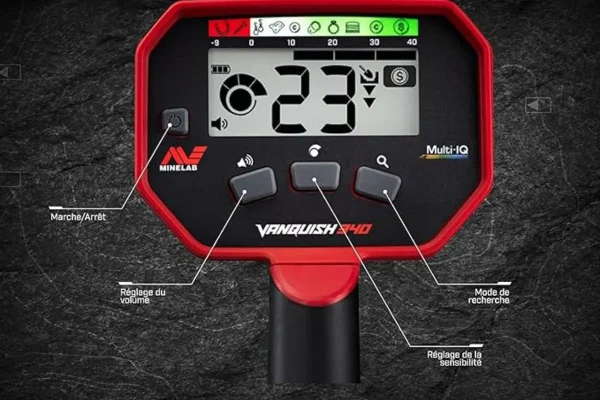 VANQUISH 340 : le meilleur détecteur Minelab pour débuter 4 Écran de contrôle du détecteur de métaux Minelab Vanquish 340 avec réglage de volume, sensibilité et modes de recherche.