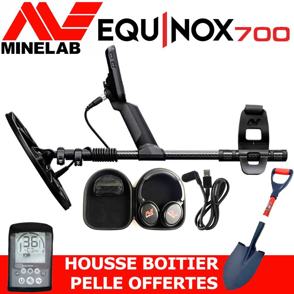 Minelab Equinox 700 1 Détecteur de métaux Minelab Equinox 700 et son pack d'accessoires complet comprenant le casque sans fil ML85, une pelle et une housse de boîtier sur fond blanc.
