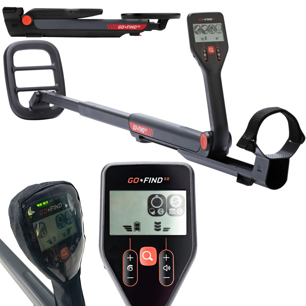 Minelab Go Find 22 2 Détecteur de métaux Minelab GO-FIND 22 déplié, plié et détails de l'interface de contrôle