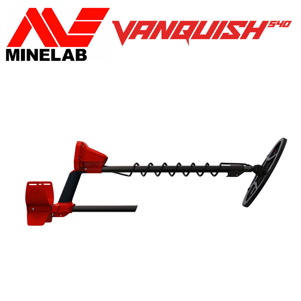 Minelab Vanquish 540 2 Vue de profil du détecteur de métaux Minelab Vanquish 540 montrant sa canne télescopique en S et son disque de détection Double-D.
