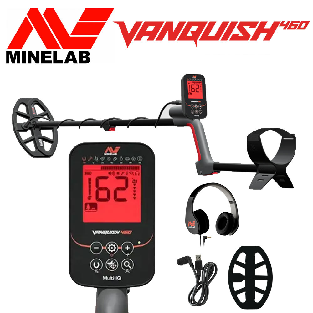 Minelab Vanquish 460 1 Détecteur Minelab Vanquish 460 avec ses accessoires inclus : disque de détection, casque filaire et câble de charge USB-C