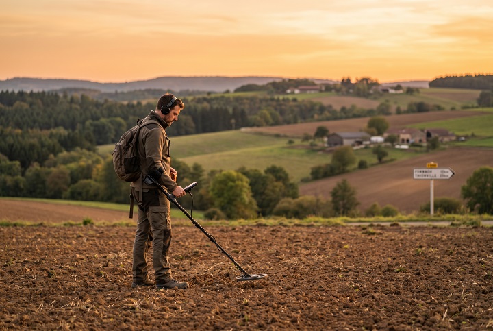 Homme pratiquant la détection de métaux dans un champ labouré au coucher du soleil