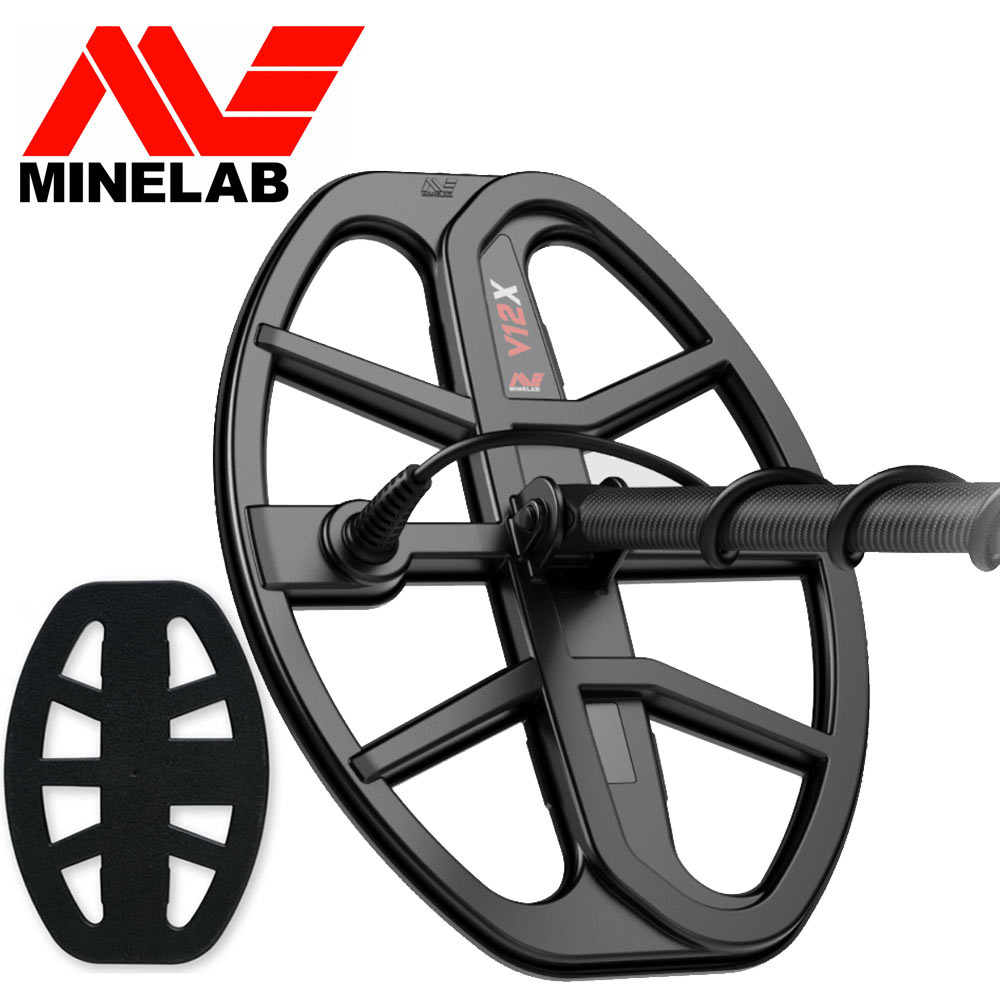 Disque V12X pour Minelab 1 Disque de détection Double-D Minelab V12X monté sur bas de canne avec son protège-disque noir fourni.