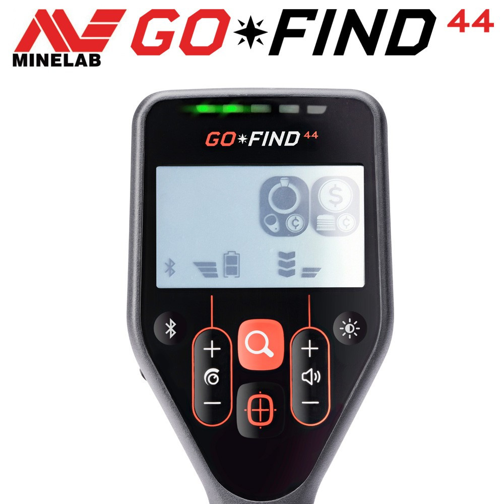 Minelab Go Find 44 2 Écran LCD et boutons de l'interface de contrôle du détecteur Minelab GO-FIND 44 avec icônes de discrimination.
