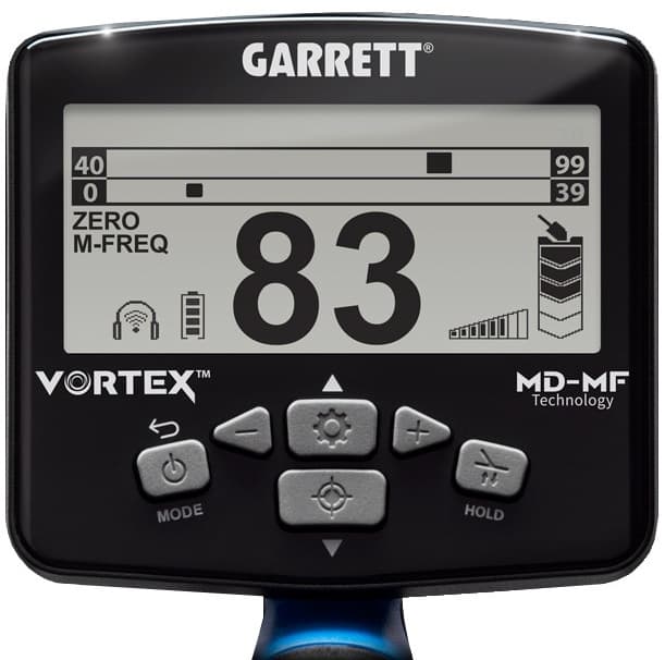 Garrett Vortex VX7 2 Écran de contrôle LCD du détecteur Garrett Vortex VX7 affichant la double échelle d'identification et les réglages multifréquence.