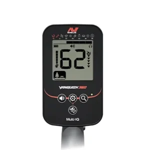Écran de contrôle du détecteur de métaux Minelab Vanquish 360 affichant l'indice de conductivité et l'interface utilisateur Multi-IQ.