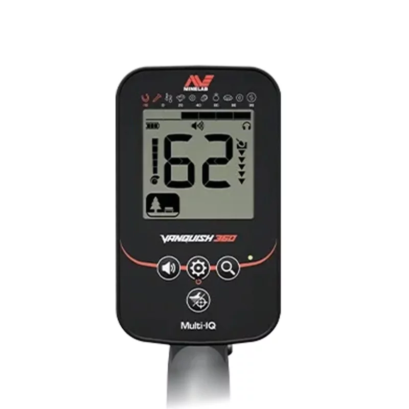 Minelab Vanquish 360 3 Écran de contrôle du détecteur de métaux Minelab Vanquish 360 affichant l'indice de conductivité et l'interface utilisateur Multi-IQ.