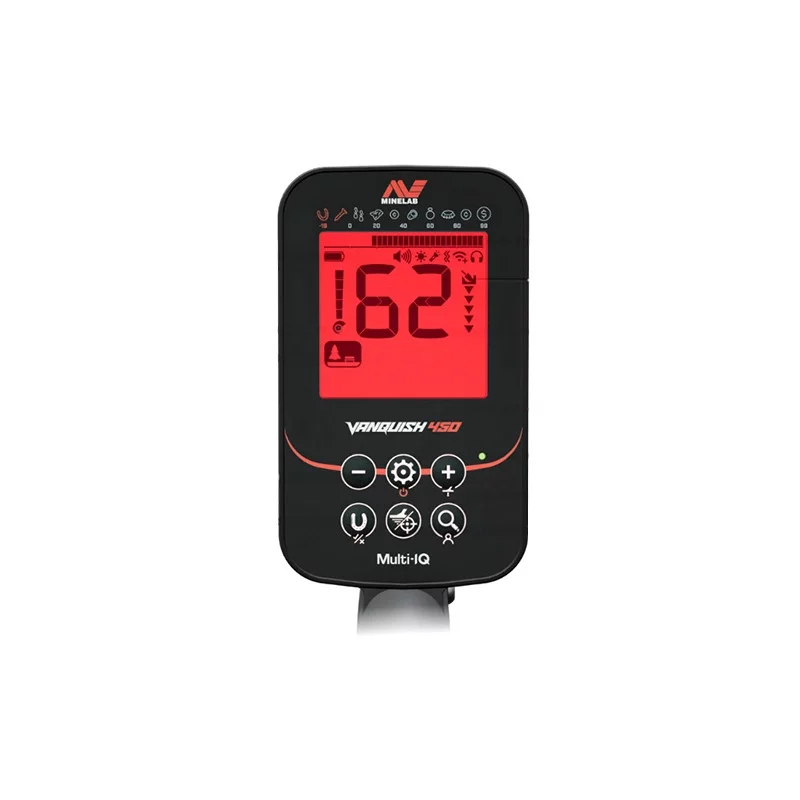 Minelab Vanquish 460 3 Gros plan sur l'écran LCD rétroéclairé du détecteur Minelab Vanquish 460 affichant l'interface de réglage et la technologie Multi-IQ