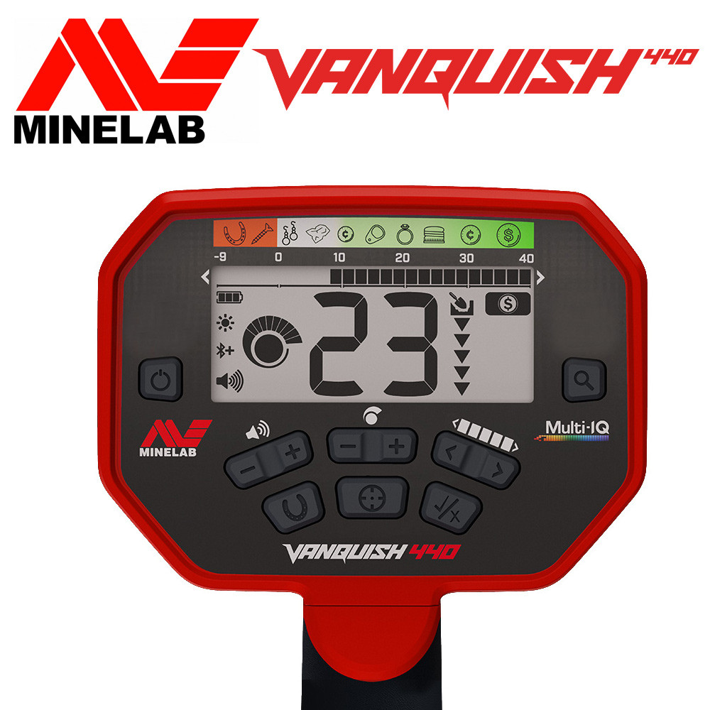 Minelab Vanquish 440 3 Interface écran LCD du détecteur de métaux Minelab Vanquish 440 avec affichage de la conductivité