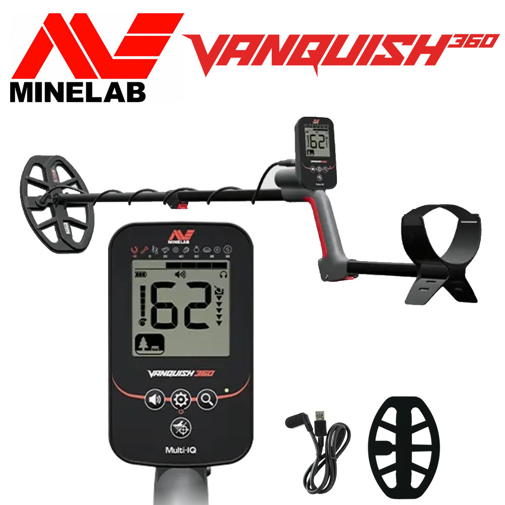 Minelab Vanquish 360 1 Équipement complet du Minelab Vanquish 360 incluant le détecteur, le câble de charge magnétique USB-C et le protège-disque.