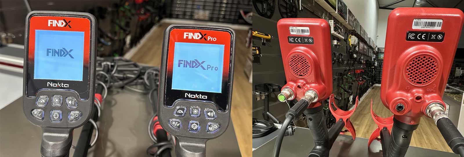 Comparaison des boîtiers de contrôle et des connectiques arrière des détecteurs Nokta FindX et FindX Pro.