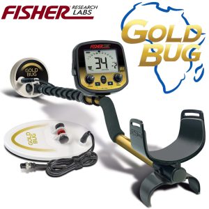 Pack complet du détecteur Fisher Goldbug Pro Africa pour la prospection aurifère, avec ses deux têtes de recherche DD (13cm et 22cm) et l'unité de commande, et un graphique de l'Afrique.