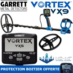 Bannière marketing composite pour la gamme de détecteurs de métaux Garrett Vortex, montrant le modèle complet VX9, le boîtier de commande du VX5, la tête de recherche DD, et une promotion textuelle pour une protection de boîtier offerte. Logos textuels Garrett Vortex VX9 et VX5 bien visibles.