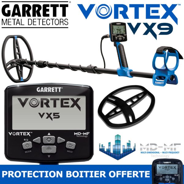 Bannière marketing composite pour la gamme de détecteurs de métaux Garrett Vortex, montrant le modèle complet VX9, le boîtier de commande du VX5, la tête de recherche DD, et une promotion textuelle pour une protection de boîtier offerte. Logos textuels Garrett Vortex VX9 et VX5 bien visibles.