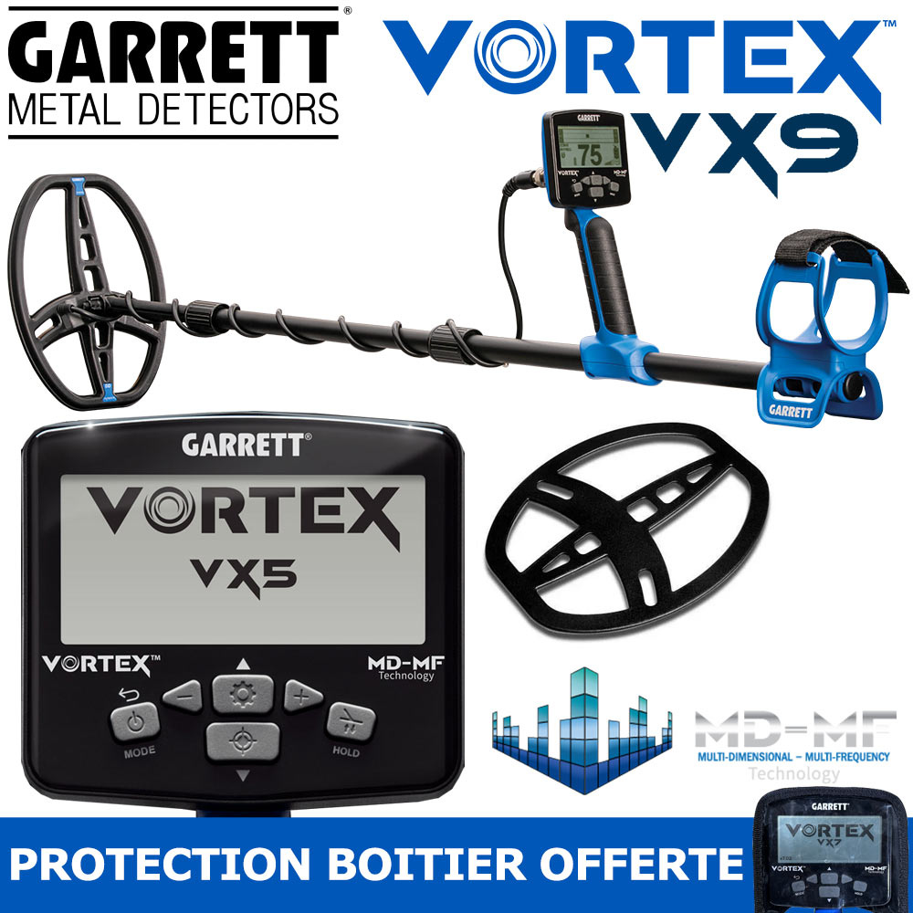 Garrett Vortex VX9 1 Bannière marketing composite pour la gamme de détecteurs de métaux Garrett Vortex, montrant le modèle complet VX9, le boîtier de commande du VX5, la tête de recherche DD, et une promotion textuelle pour une protection de boîtier offerte. Logos textuels Garrett Vortex VX9 et VX5 bien visibles.