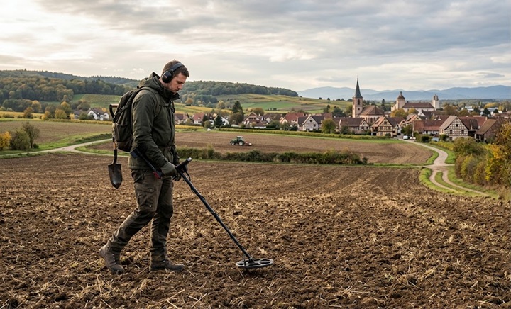 homme avec détecteur de métaux et pelle dans champ labouré, village alsacien typique et collines en arrière-plan