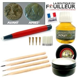 Kit complet de nettoyage pour monnaies de detection comprenant crayons-grattoirs, solution vegetale Monetor, stylo fibre de verre et cire de protection