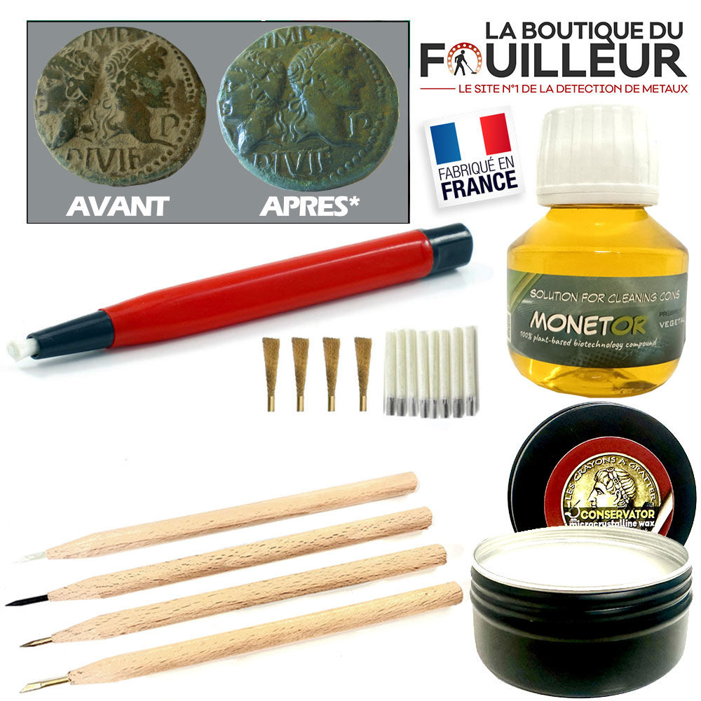 Kit de nettoyage débutant 1 Kit complet de nettoyage pour monnaies de detection comprenant crayons-grattoirs, solution vegetale Monetor, stylo fibre de verre et cire de protection