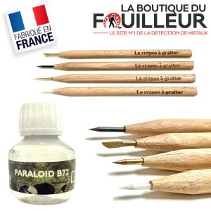 Set de restauration pour monnaies de détection comprenant quatre crayons de nettoyage à gratter en bois et un flacon de vernis protecteur Paraloid B72.
