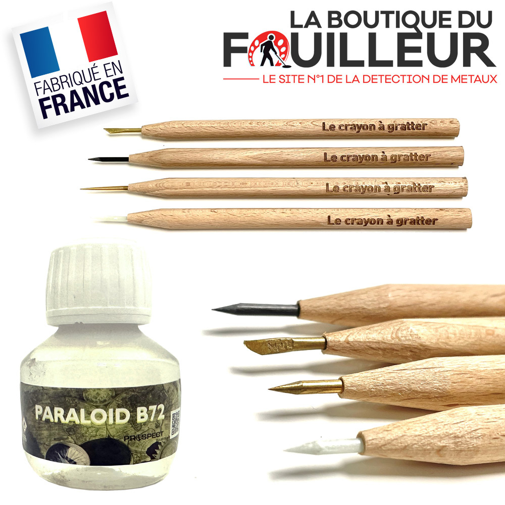 Kit de 4 crayons de nettoyage + paraloid 50 mL 1 Set de restauration pour monnaies de détection comprenant quatre crayons de nettoyage à gratter en bois et un flacon de vernis protecteur Paraloid B72.