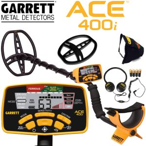 Kit prêt à l'emploi Garrett ACE 400i incluant le détecteur, le disque de recherche, le casque et la housse de pluie.