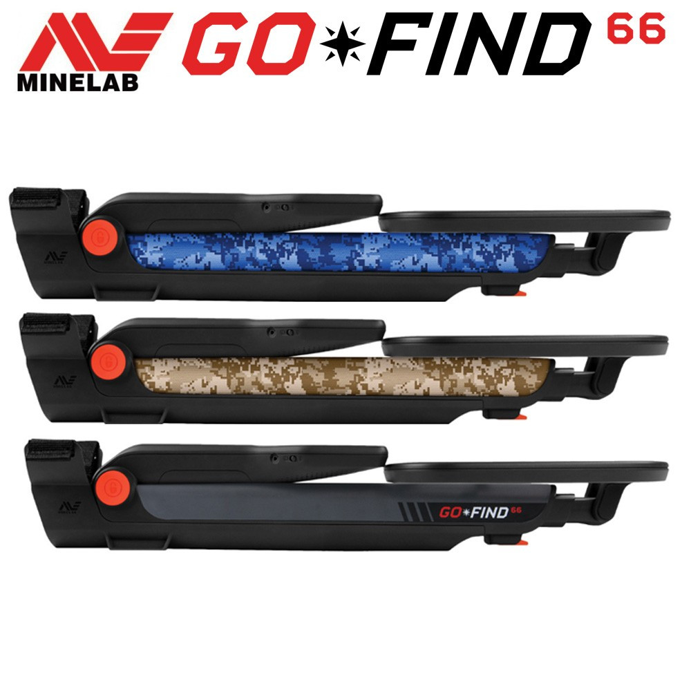 Minelab Go Find 66 2 Détecteur de métaux Minelab Go-Find 66 plié avec ses trois skins de personnalisation (camouflage bleu, désert et noir).