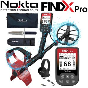 Pack complet du détecteur étanche Nokta FindX Pro incluant le casque audio, le sac de transport, l'adaptateur et le couteau de fouille.