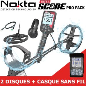 Détecteur de métaux étanche Nokta Triple Score Pro Pack, idéal pour une utilisation en zone immergée et sur tout terrain.
