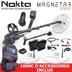 Pack d'accessoires fournis avec le Nokta Magnetar 9000 incluant deux disques de détection DD, deux batteries, le casque sans fil et un sac à dos.