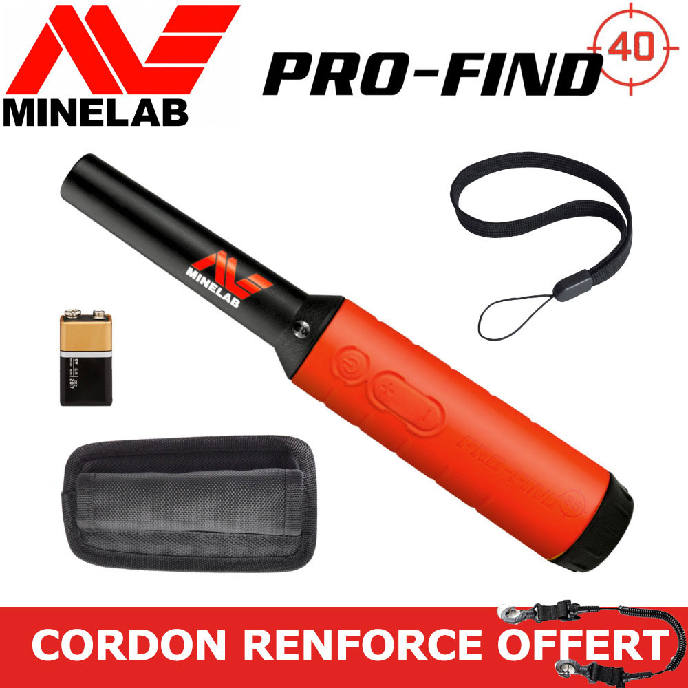 Minelab Pro-find 40 1 Pack complet du pointeur de détection Minelab Pro-Find 40 avec son étui de ceinture, sa pile, sa dragonne et son cordon de sécurité renforcé offert.