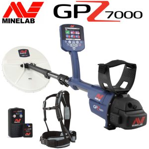 Vue d'ensemble du détecteur d'or Minelab GPZ 7000, incluant le disque Super-D, le harnais ergonomique Pro-Swing et le module audio.