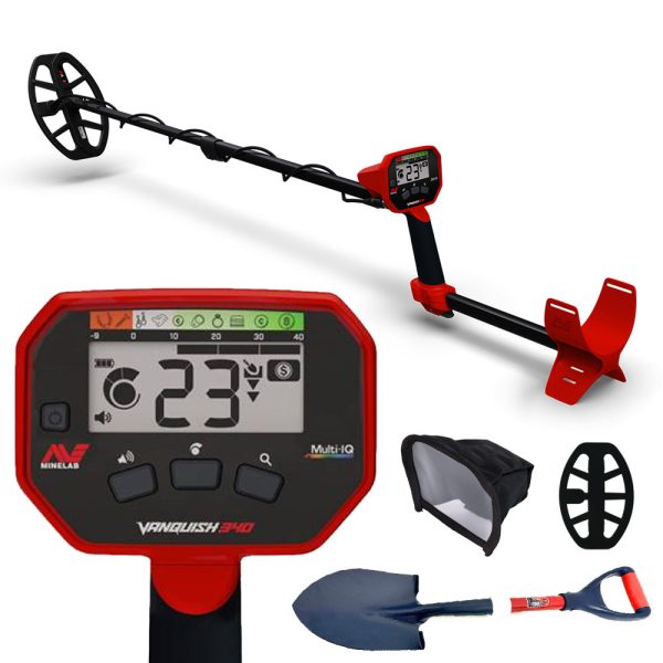 VANQUISH 340 : le meilleur détecteur Minelab pour débuter 3 Pack complet Minelab Vanquish 340 incluant le détecteur, une pelle Spear & Jackson et une housse de protection offerte.