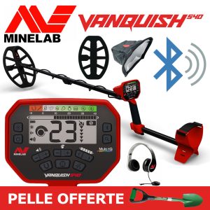Contenu du pack Minelab Vanquish 540 incluant le détecteur, le casque audio, la housse de protection, la connectivité Bluetooth et une pelle de prospection.
