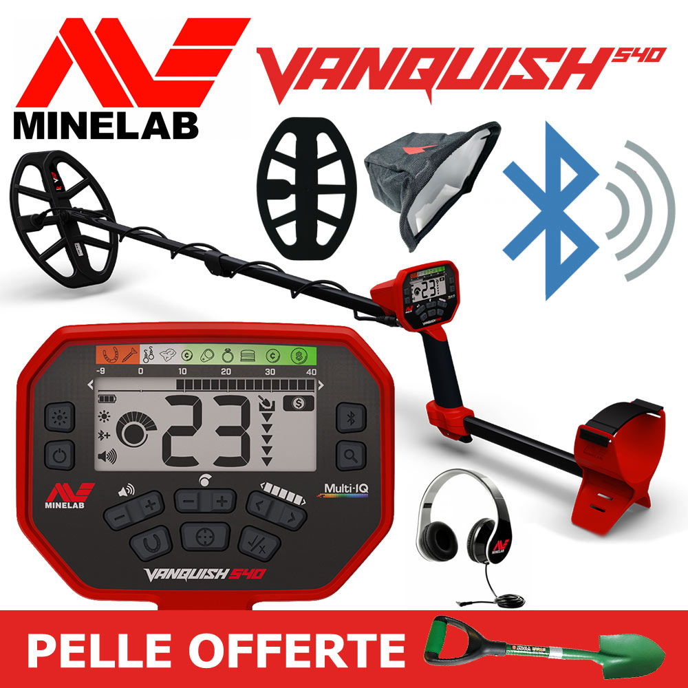 Minelab Vanquish 540 1 Contenu du pack Minelab Vanquish 540 incluant le détecteur, le casque audio, la housse de protection, la connectivité Bluetooth et une pelle de prospection.