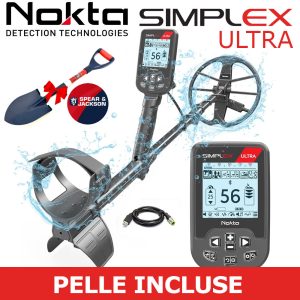 Pack complet du détecteur de métaux étanche Nokta Simplex Ultra avec écran de contrôle, câble de charge et pelle Spear and Jackson offerte.