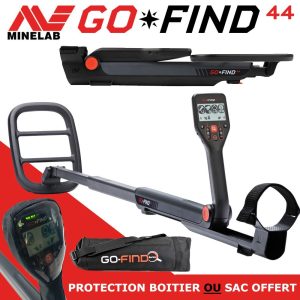 Pack détecteur de métaux Minelab GO-FIND 44 déplié et plié avec sac de transport et protection de boîtier.