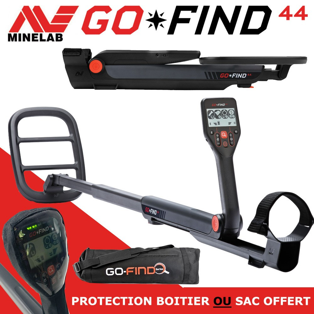Minelab Go Find 44 1 Pack détecteur de métaux Minelab GO-FIND 44 déplié et plié avec sac de transport et protection de boîtier.