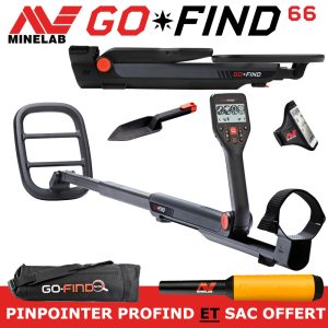 Pack complet détecteur de métaux Minelab Go-Find 66 avec pointeur Pro-Find et sac de transport offerts.