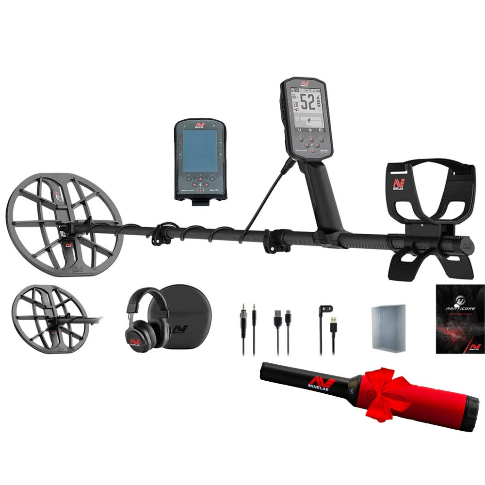 Minelab Manticore 2 Kit complet détecteur de métaux Minelab Manticore avec casque sans fil, bobine supplémentaire, câbles et autres accessoires sur fond blanc.