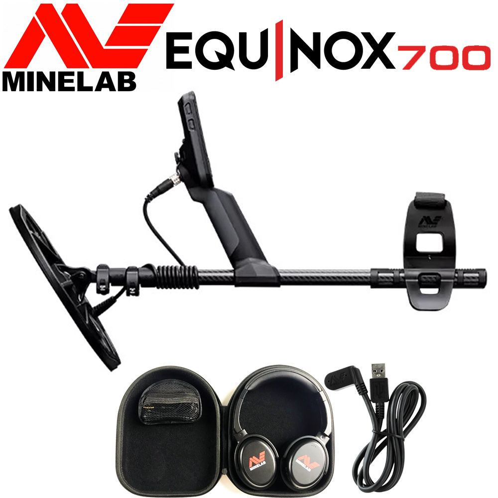 Minelab Equinox 700 3 Détecteur de métaux Minelab Equinox 700 avec canne télescopique en carbone, casque sans fil ML85 et câble de charge magnétique.