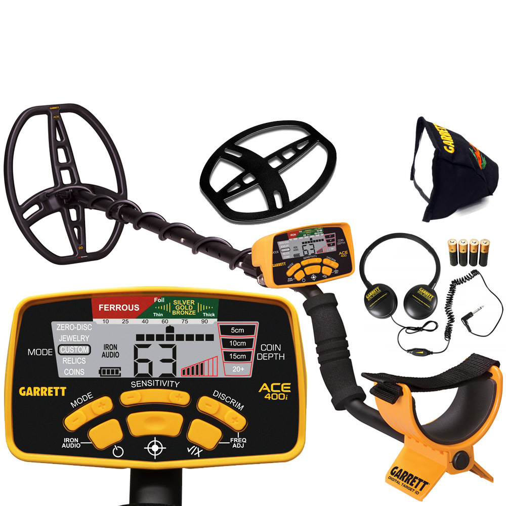 Garrett ACE 400i 2 Pack complet Garrett ACE 400i comprenant le disque de recherche DD, le casque audio et les accessoires de protection.