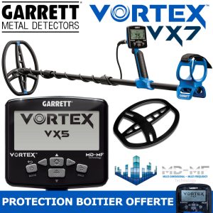 Pack complet du détecteur Garrett Vortex VX7 incluant le matériel de détection, la technologie MD-MF et la housse de protection offerte.