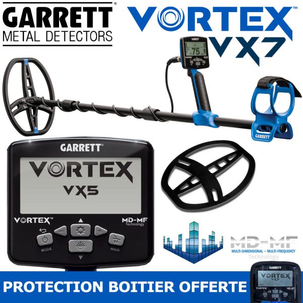 Pack complet du détecteur Garrett Vortex VX7 incluant le matériel de détection, la technologie MD-MF et la housse de protection offerte.