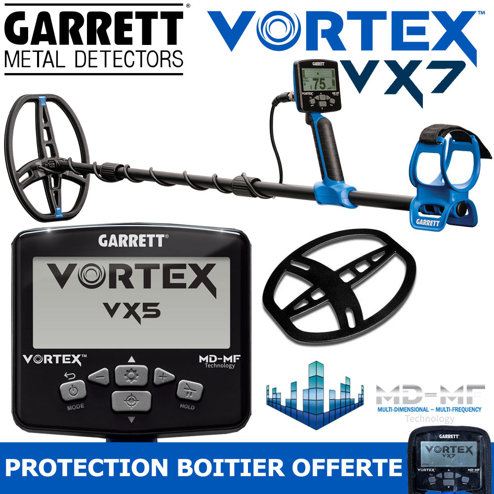 Garrett Vortex VX7 1 Pack complet du détecteur Garrett Vortex VX7 incluant le matériel de détection, la technologie MD-MF et la housse de protection offerte.