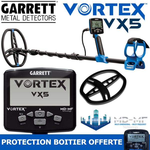 Composition promotionnelle pour le pack détecteur de métaux Garrett Vortex VX5 avec technologie MD-MF, disque Double-D, et protection de boîtier offerte.