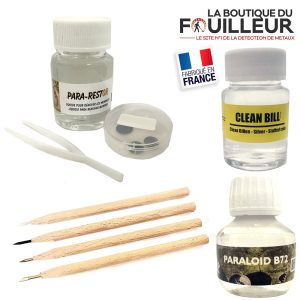 Pack de restauration pour monnaies de détection contenant les crayons-grattoirs, le Pararestor, le Clean Bill et le Paraloid B72.