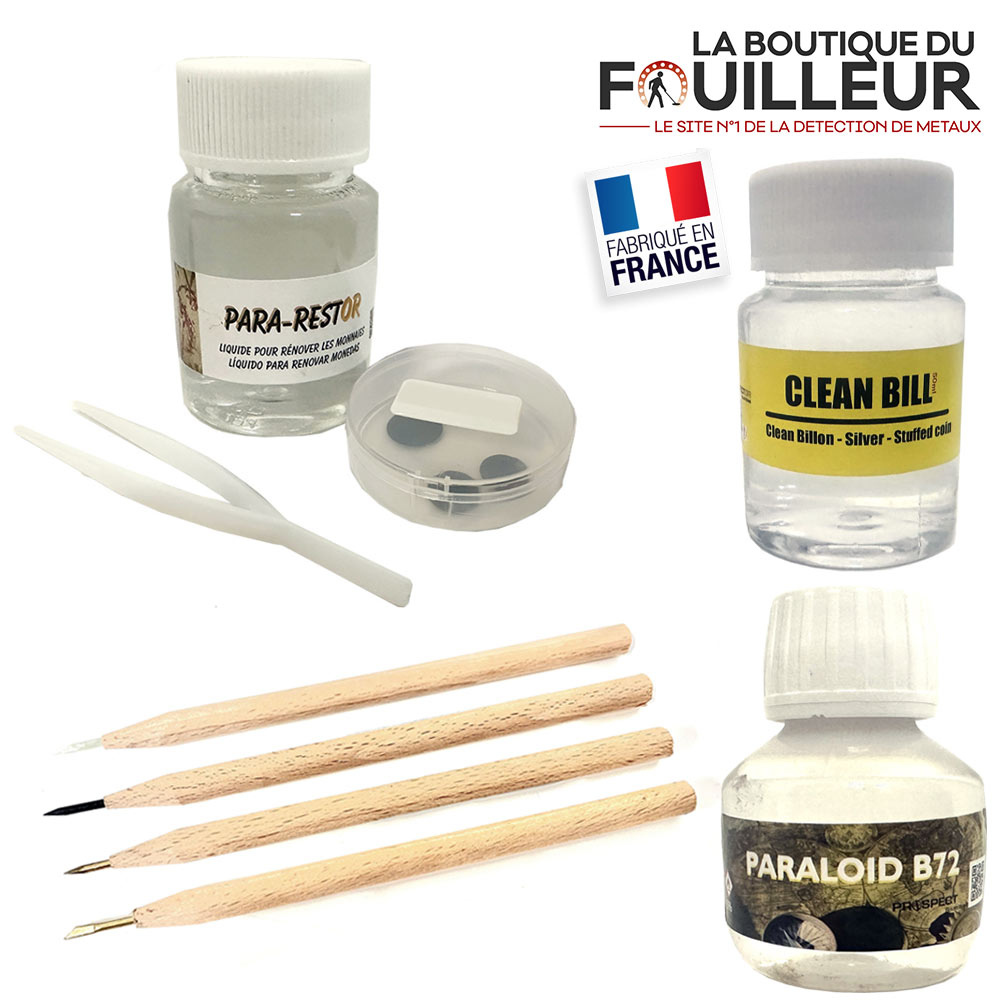 Pack de restauration monnaies 1 Pack de restauration pour monnaies de détection contenant les crayons-grattoirs, le Pararestor, le Clean Bill et le Paraloid B72.