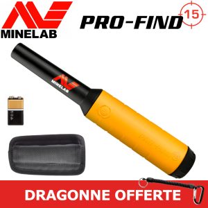 Pinpointer Minelab Pro-Find 15 jaune et noir avec son holster de ceinture et une dragonne offerte en promotion.